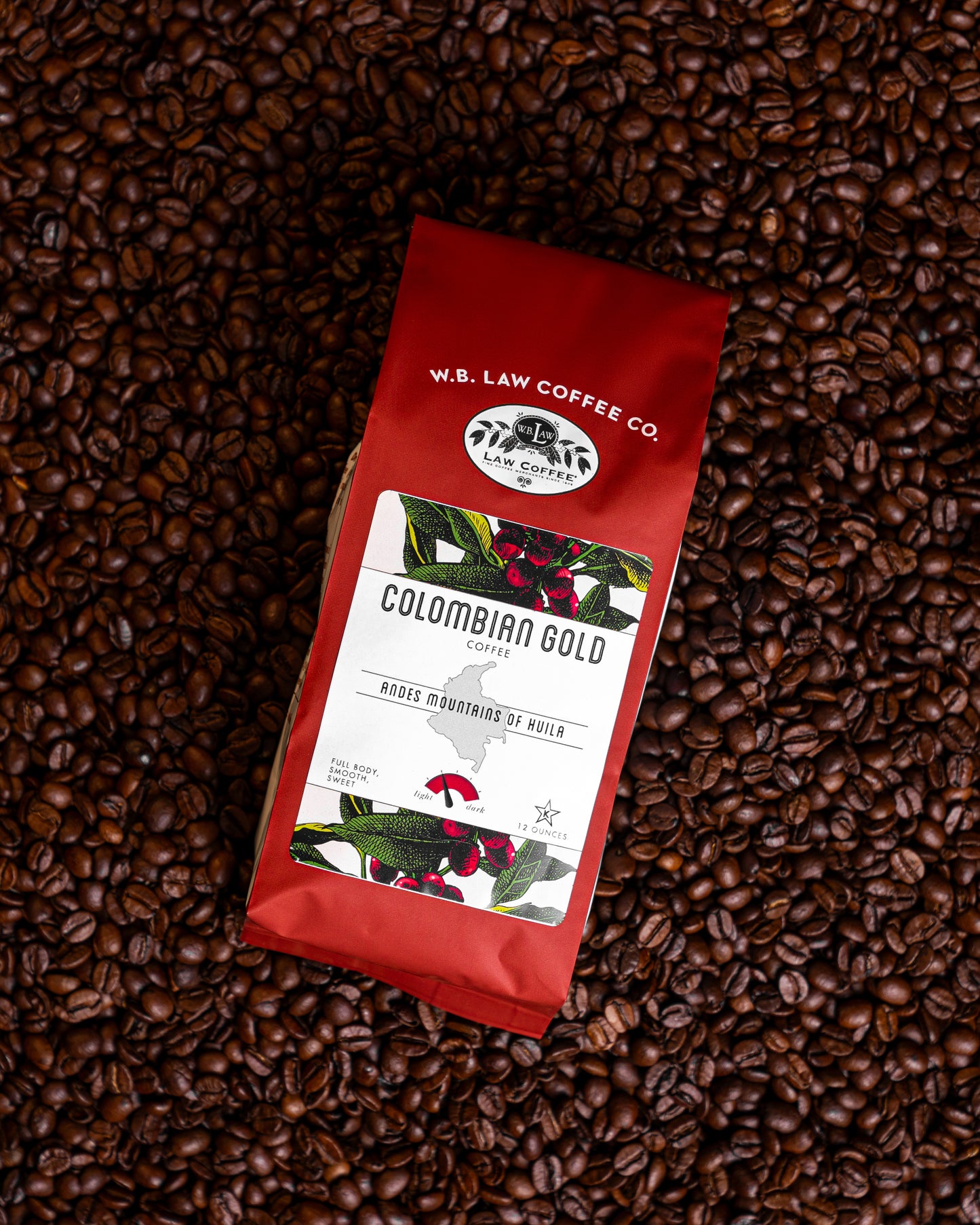 WB Law Coffee Co. Colombian Gold Coffee 12oz bag — medium roast, bright and smooth with caramel notes, sourced from Huila, Colombia.