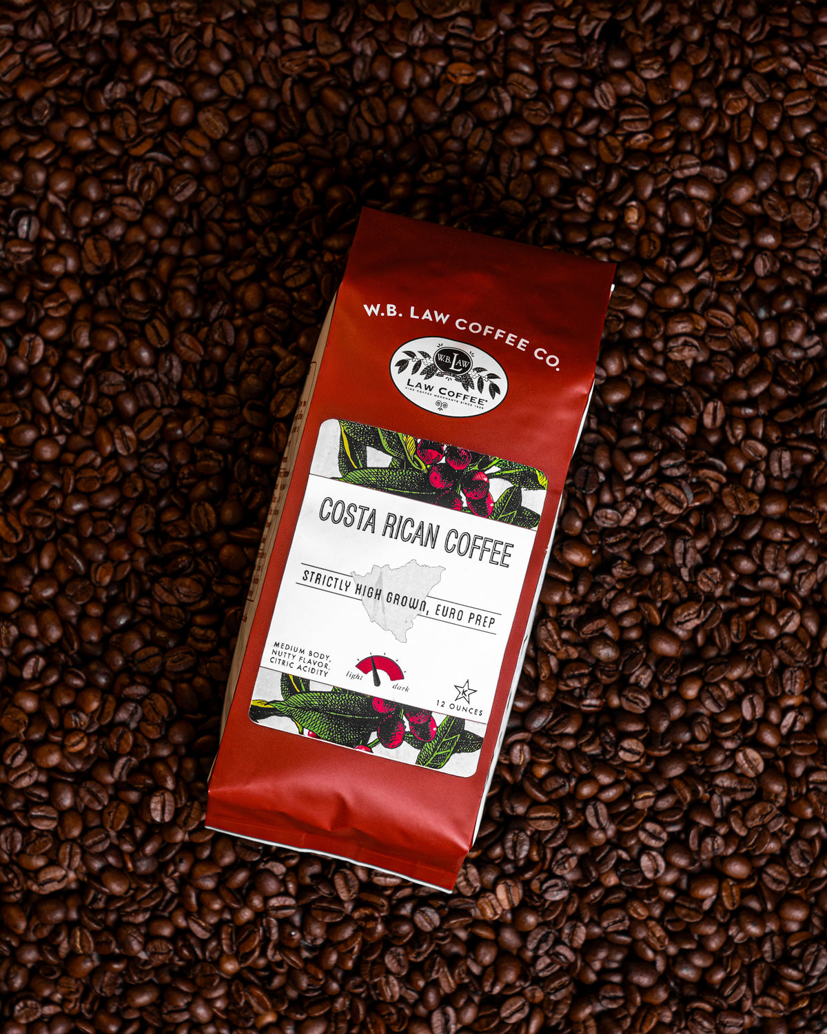 WB Law Coffee Co. Costa Rican Tarrazu coffee 12oz bag — 100% Arabica medium roast, bright and smooth notes, sourced from Tarrazu Costa Rica.