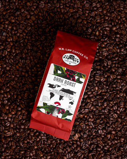WB Law Coffee Co. Dark Roast Coffee 12oz bag — a four origin bold roast, smokey flavor that's smooth with dark chocolate notes.