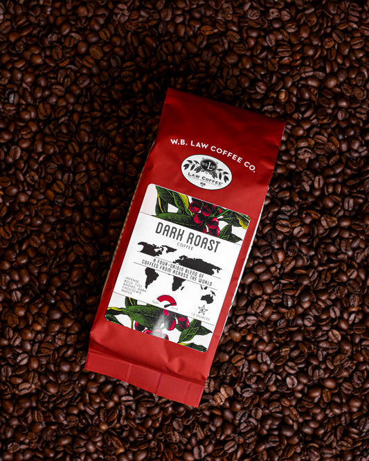 WB Law Coffee Co. Dark Roast Coffee 12oz bag — a four origin bold roast, smokey flavor that's smooth with dark chocolate notes.