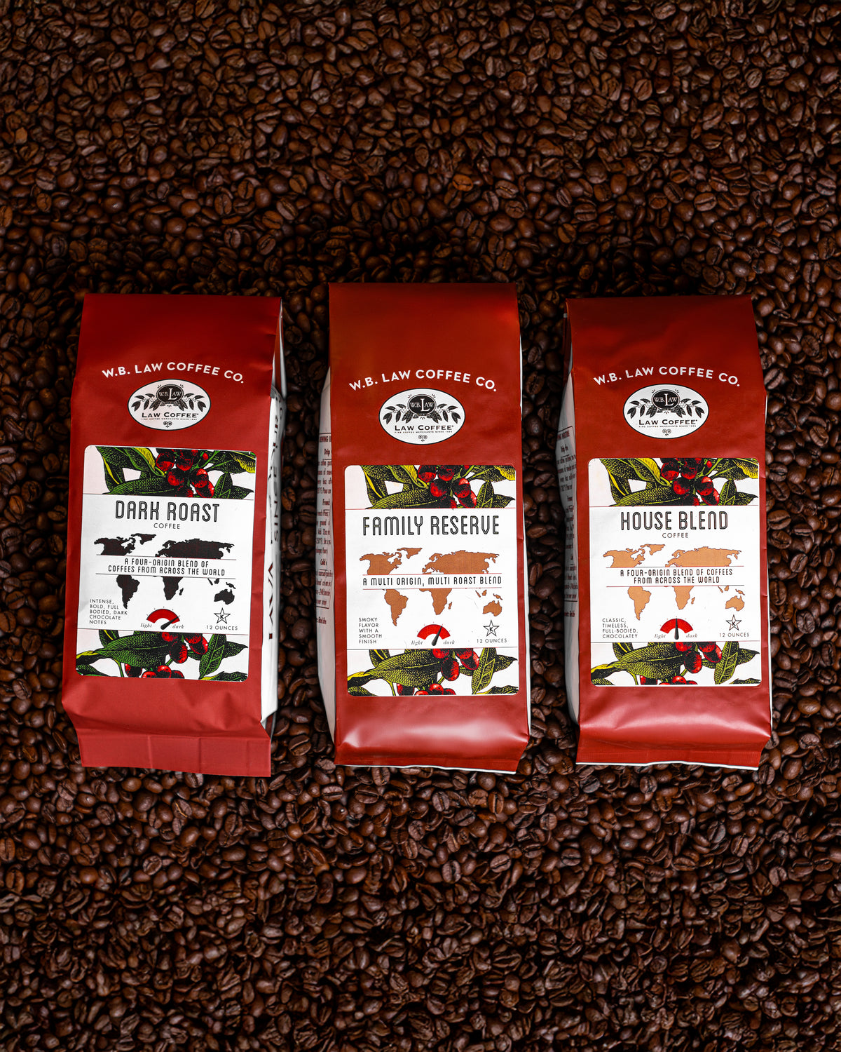 A bundle of our House Blend Coffee -three bags of coffee with different roast profiles; light, medium and dark.