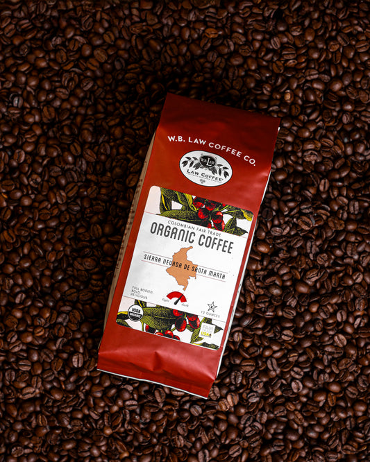 WB Law Coffee Co. Organic Colombian Coffee 12oz bag — bold roast, bright and smooth with dark chocolate notes, sourced from Sierra Nevada de Santa Marta, Colombia.