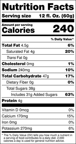 Nutrition facts label for a product with detailed calorie count and nutritional content.