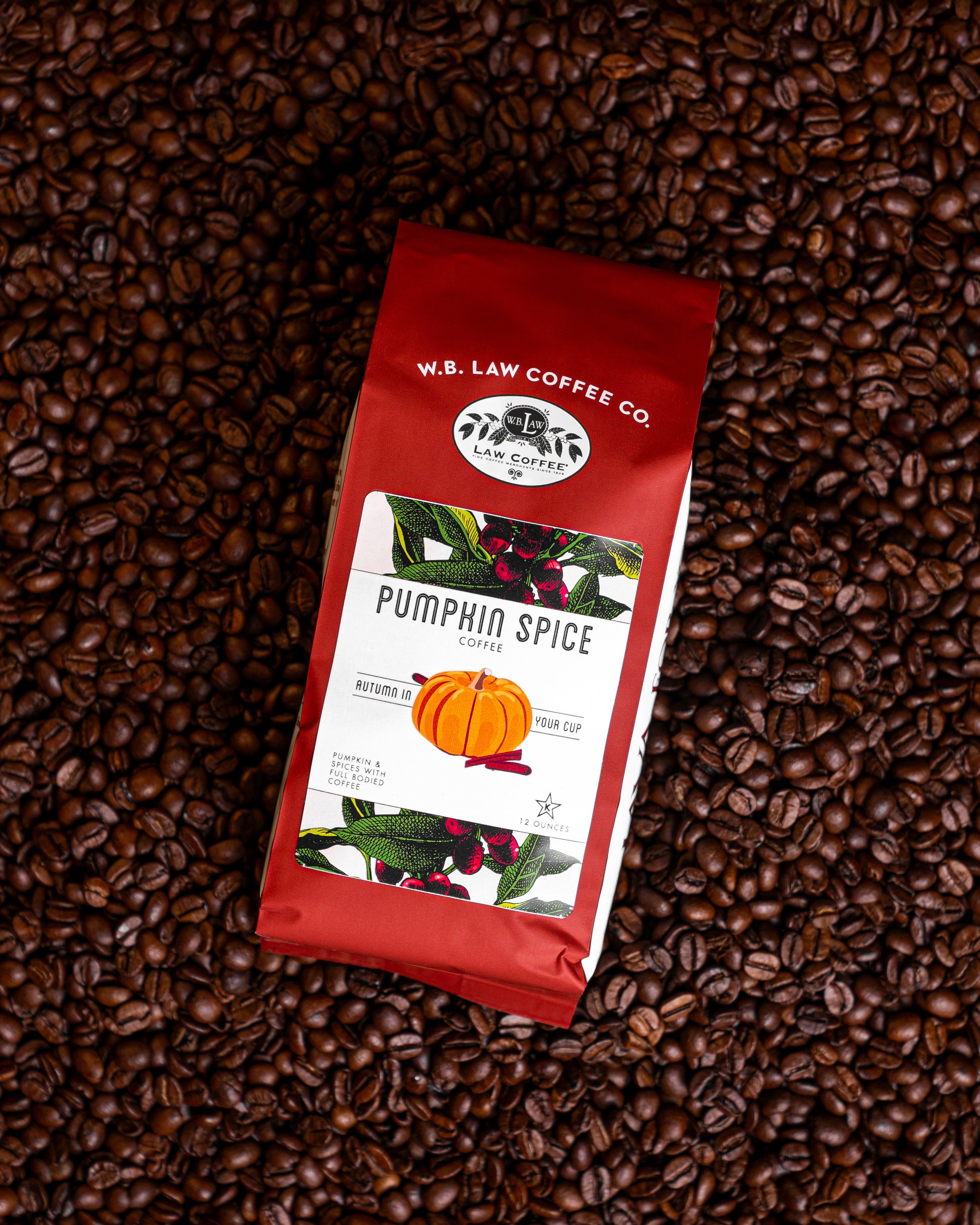 A 12oz bag of WB Law Coffee Pumpkin spice coffee sitting on a bed of coffee beans. 