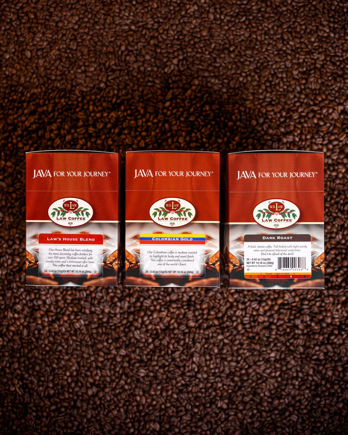Three boxes of single serve coffee cups from Law's, House, Dark, and Colombian varieties, placed side by side on a background of coffee beans.
