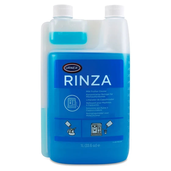 A blue plastic bottle labeled 'Rinza' with a capacity marking of 1 gallon (33.6 oz), designed for cleaning espresso machines and steam wands.