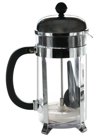 A clear Bodum French press coffee maker with a stainless steel frame and lid, for brewing two 8oz mugs of coffee.