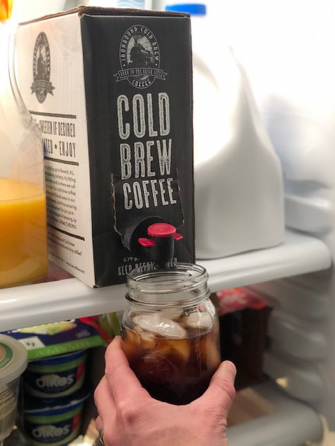 Our Ironbound cold brew coffee bag in the box in a fridge