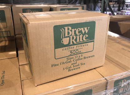 A case of 500 ct Brew Rite 13x5 coffee filters.