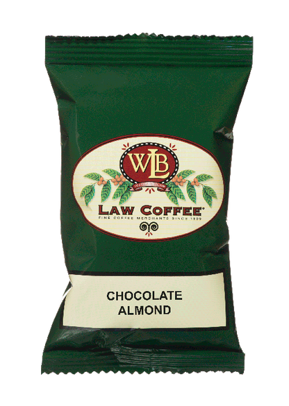 A 100% arabica frac pack of WB Law Chocolate Almond flavored Brazilian coffee.