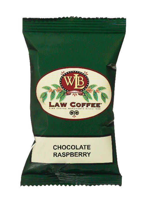 A 100% arabica frac pack of WB Law Chocolate Raspberry flavored Brazilian coffee.