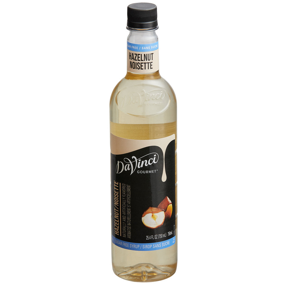 A bottle of DaVinci Sugar Free Hazelnut syrup for hot and iced coffees.