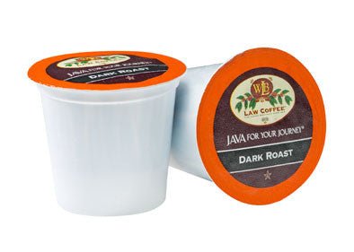 A package of Law Coffee brand Dark Roast single serve cups, with two cups visible.