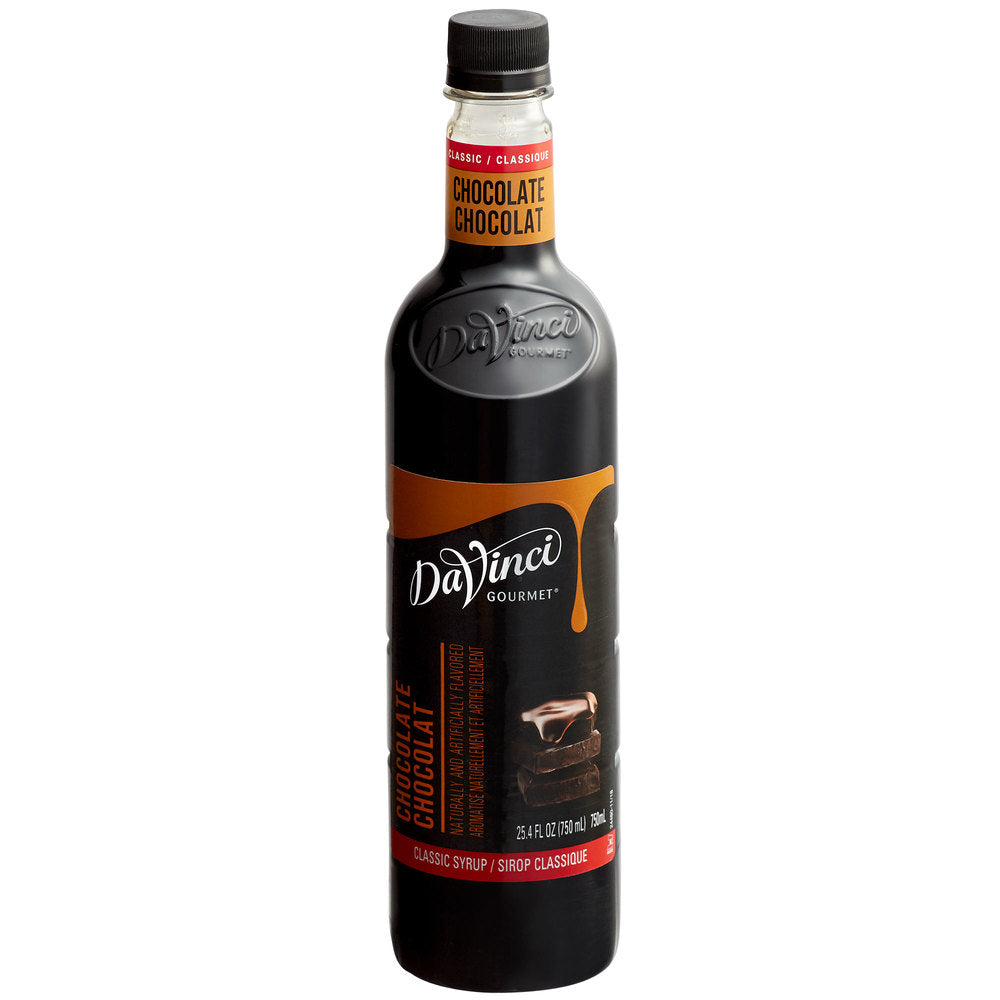 A bottle of DaVinci Chocolate syrup for hot and iced coffees.