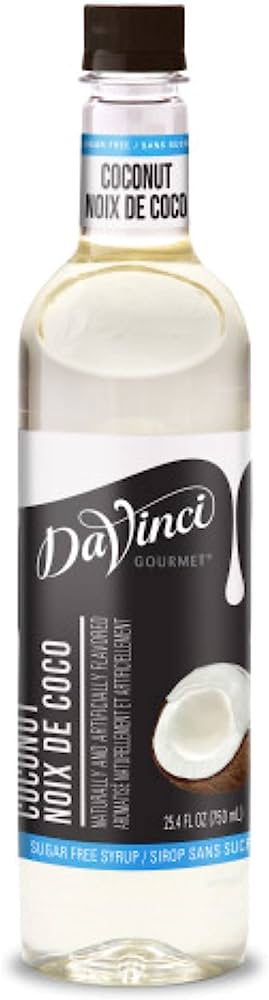A bottle of DaVinci coconut syrup for hot and iced coffees.