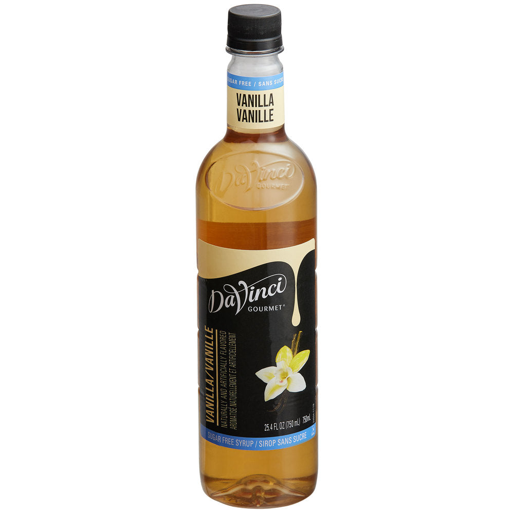 A bottle of DaVinci Sugar Free Vanilla syrup for hot and iced coffees.