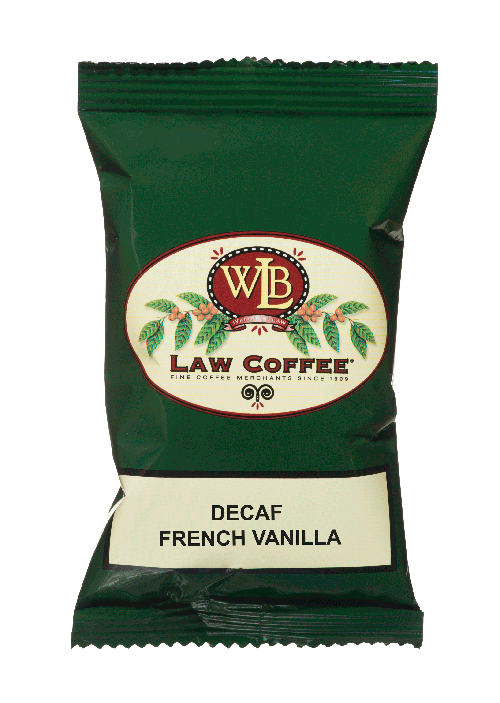 A 100% arabica frac pack of WB Law Decaf French Vanilla flavored coffee.