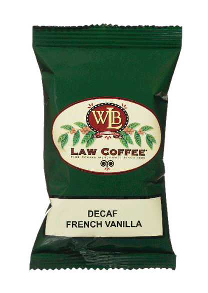 A 100% arabica frac pack of WB Law Decaf French Vanilla flavored coffee.