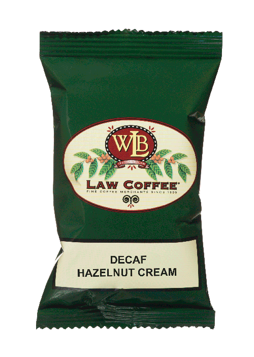 A 100% arabica frac pack of WB Law Decaf Hazelnut Cream flavored Brazilian coffee.