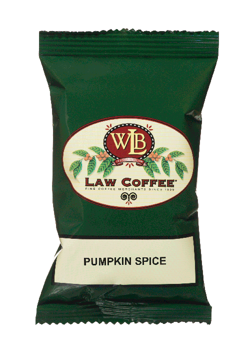 A 100% arabica frac pack of WB Law Pumpkin Spice flavored Brazilian coffee.