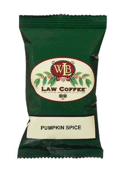 A 100% arabica frac pack of WB Law Pumpkin Spice flavored Brazilian coffee.