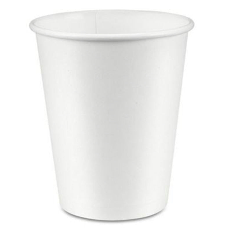 An 8oz white hot paper cup.